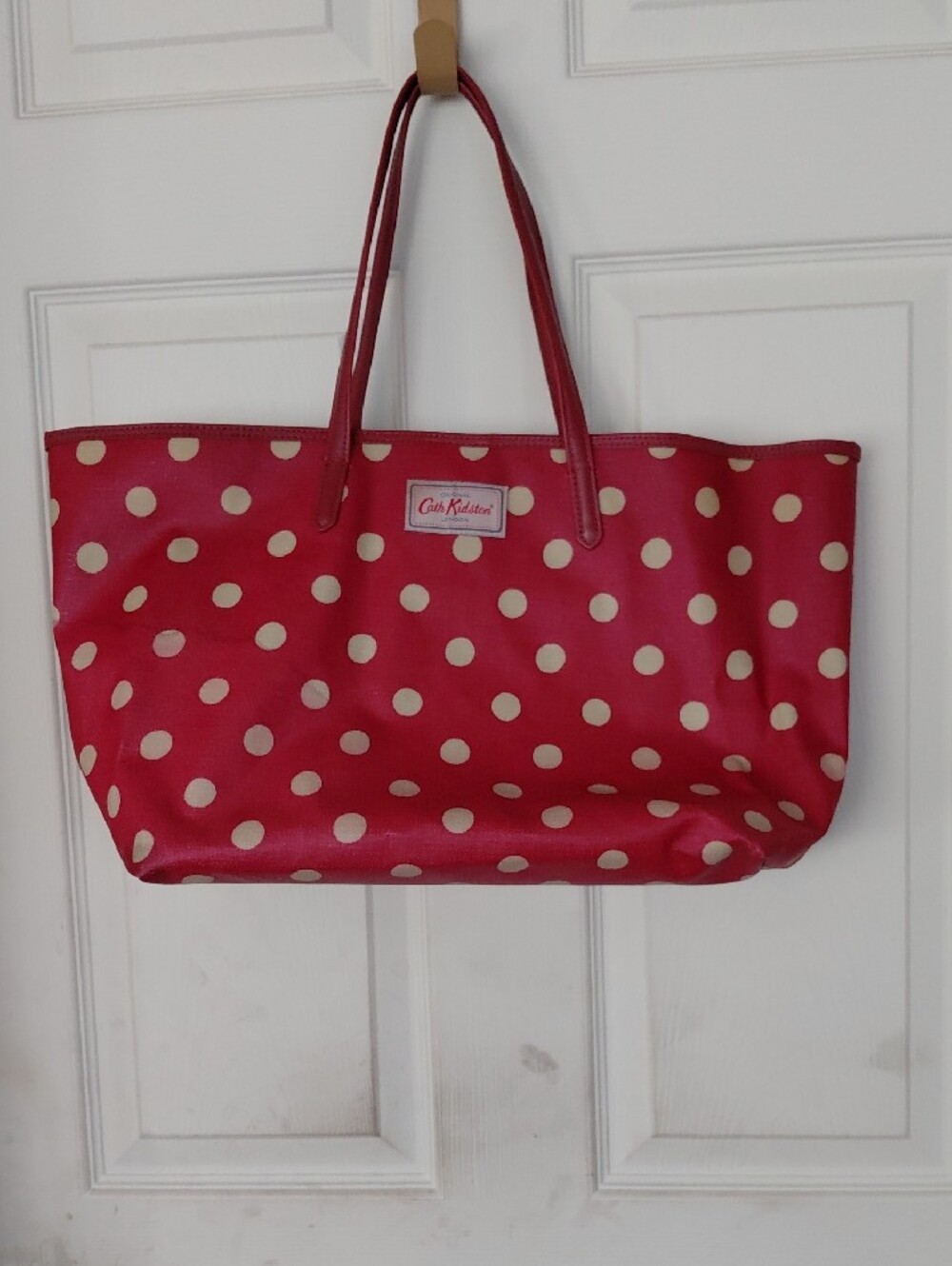 Cath Kidston Red And Cream Tote Polka Dots Doubke Strap Leather Handle 19x11 - Picture 3 of 13